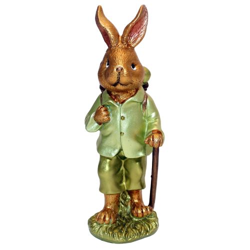 Grüner Osterhase mit Stock und Tragekorb